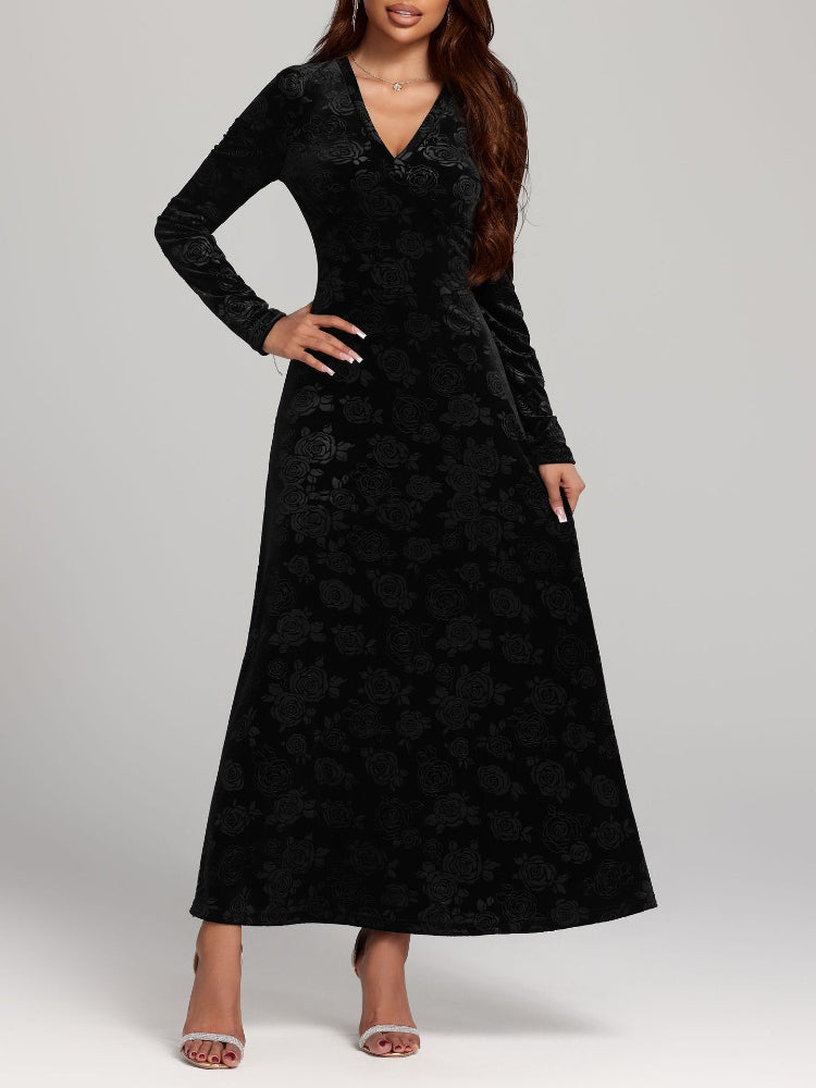 Fashion Velvet Print V-Neck Long Sleeve Dress