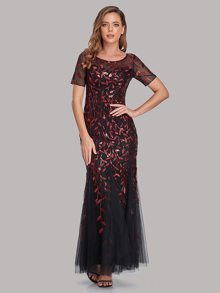 Lace sequin embroidered V-neck dress