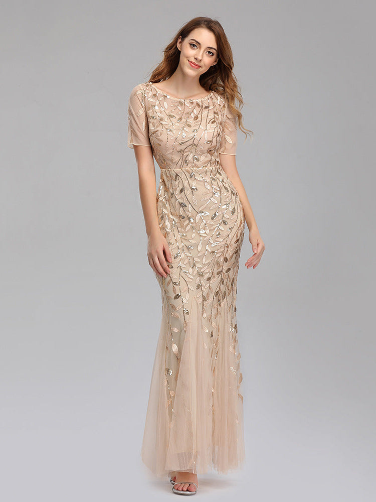 Lace sequin embroidered V-neck dress