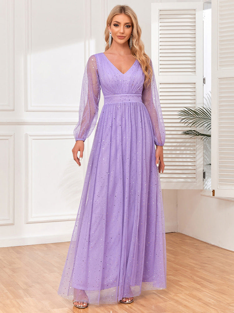 Purple Sequin V-Neck Lace Long Sleeve Dress