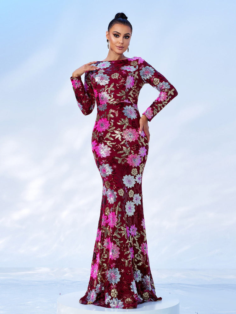 Printed Sequin Sexy Slim Long Sleeve Dress