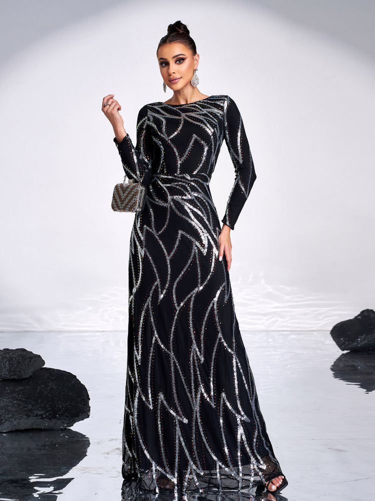 Fashion sequined long sleeved evening gown