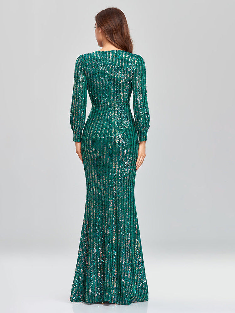 Large Size Long Sleeve V-Neck Sequined Fishtail Dress