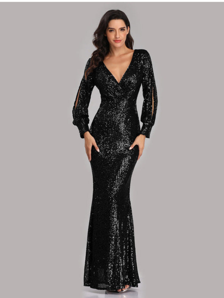 Large Size Long Sleeve V-Neck Sequined Fishtail Dress