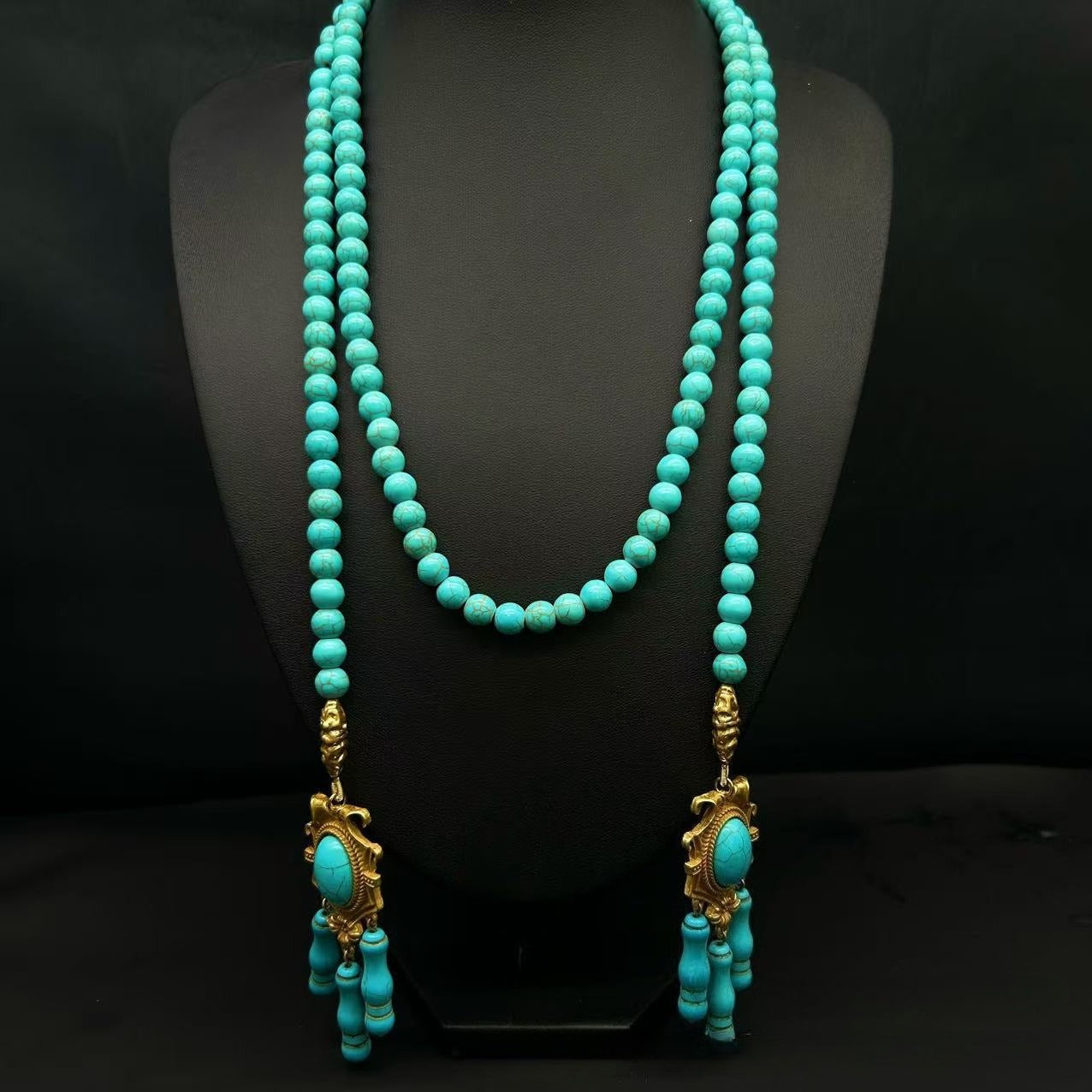 Vintage Tassel Turquoise Beaded Necklace Set