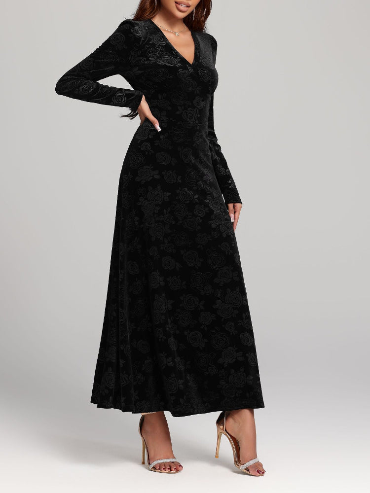 Fashion Velvet Print V-Neck Long Sleeve Dress