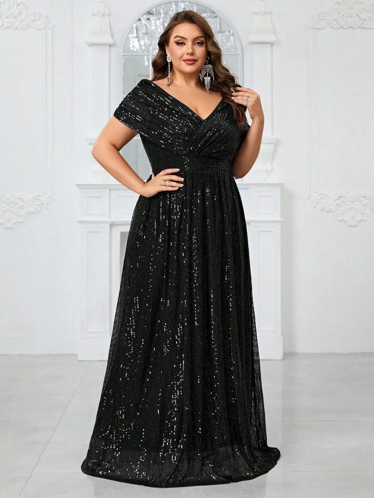 Large size minimalist sequined V-neck shawl dress