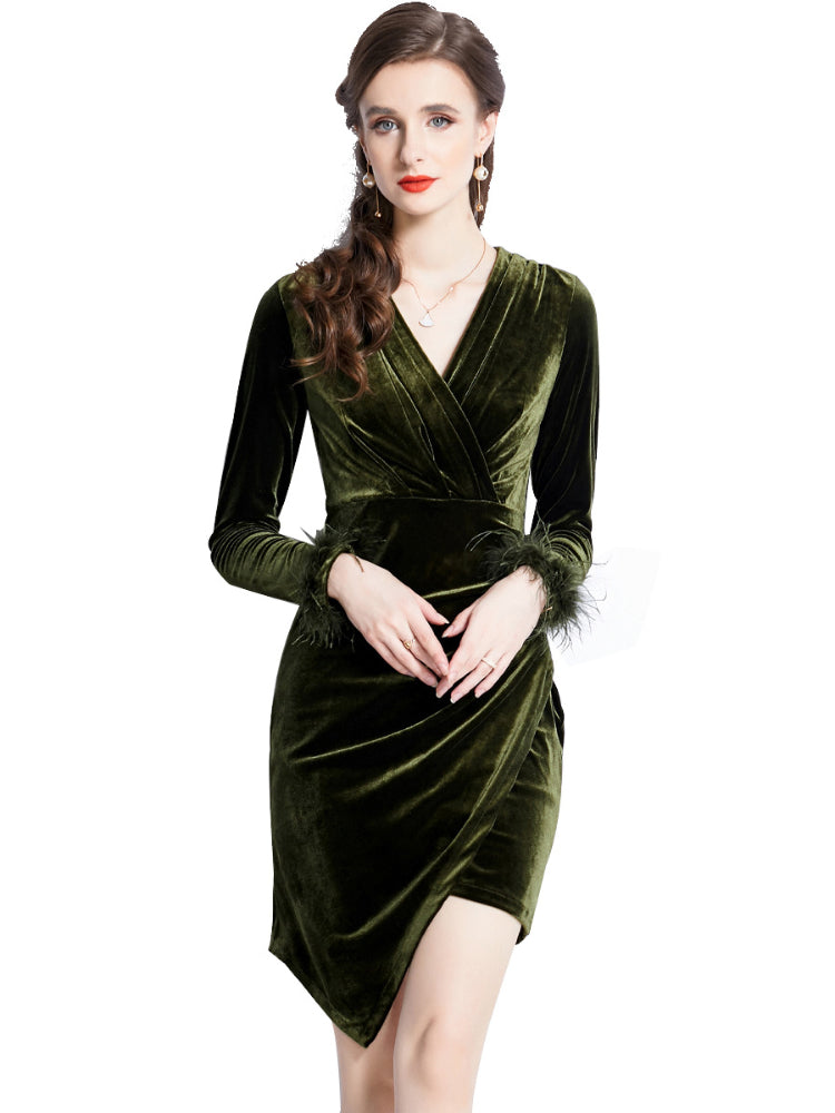 Green velvet long sleeved dress