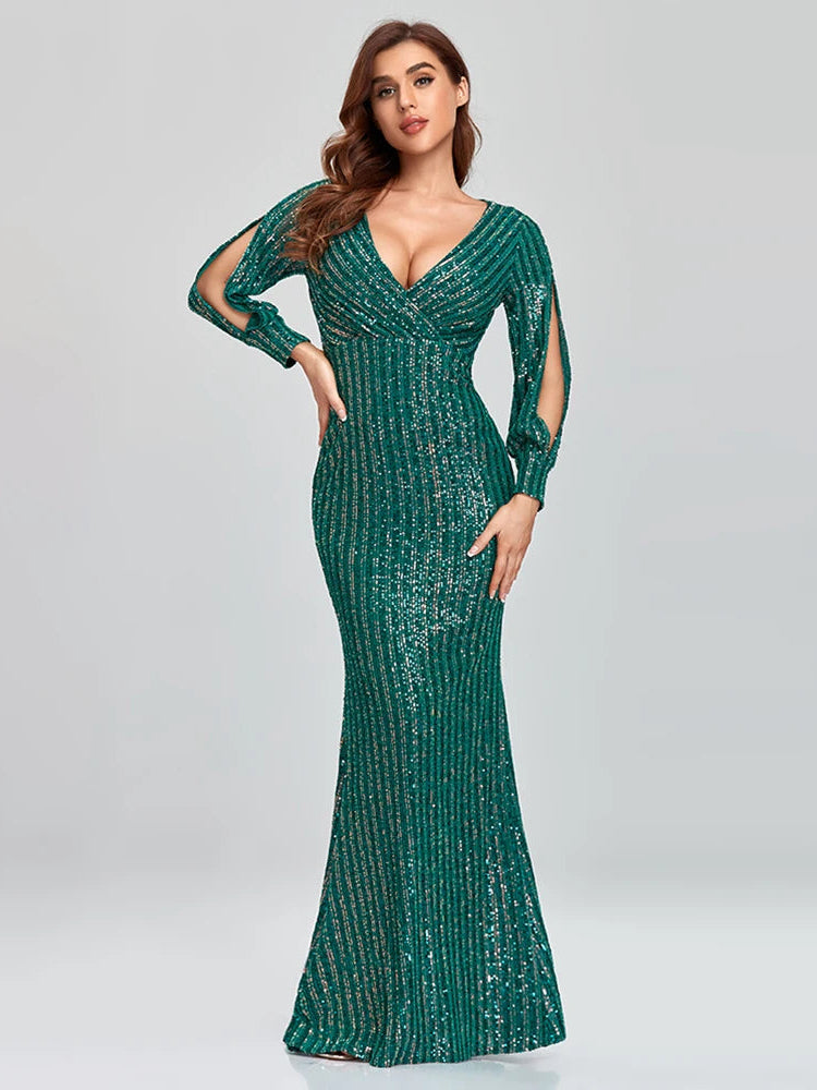 Long Sleeve V-Neck Sequin Fishtail Dress