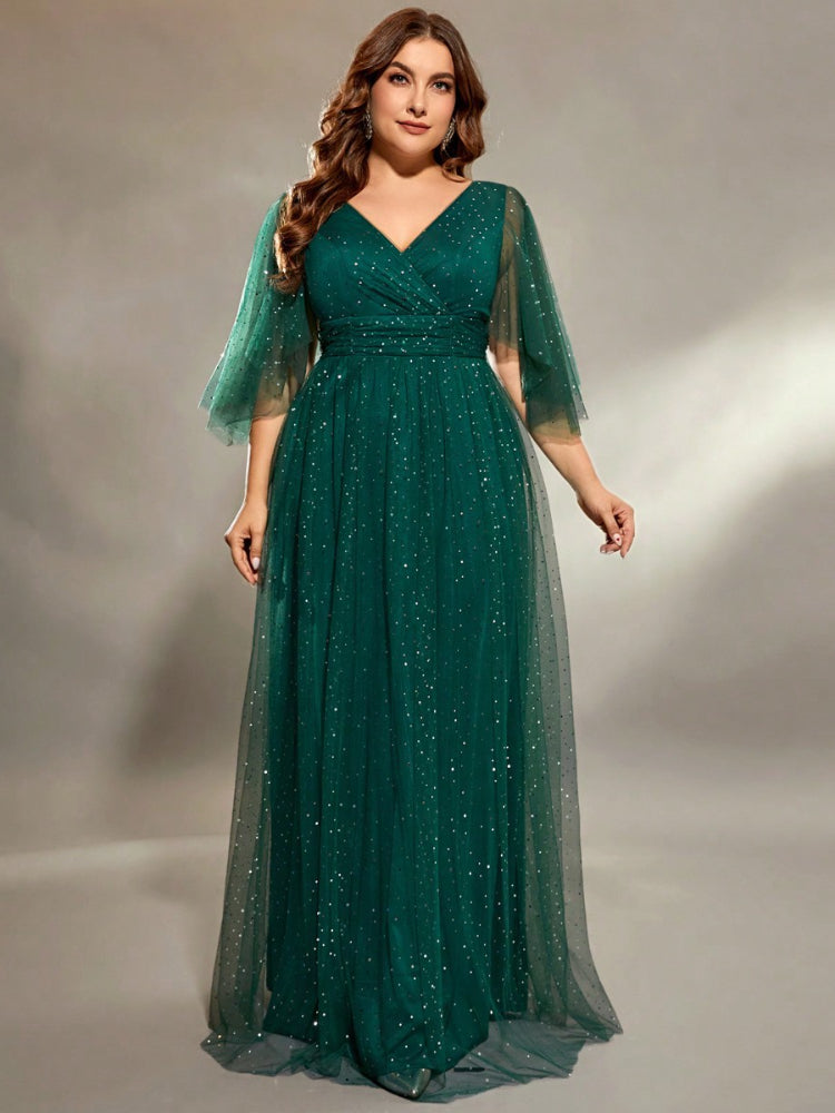 Green plus size fashionable sequin curved mesh dress