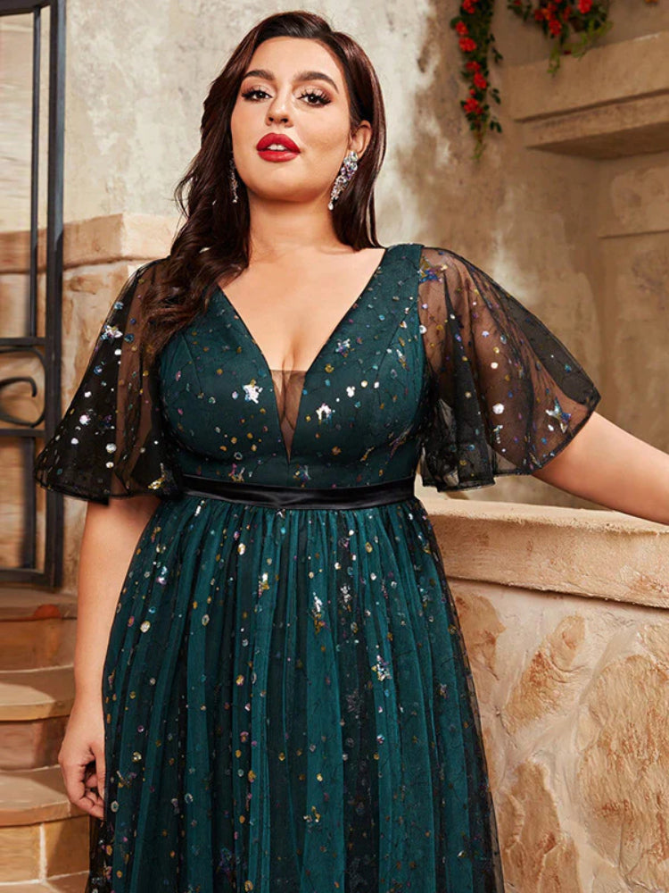 Large Size Sequin Embroidered V-Neck Bubble Sleeve Dress