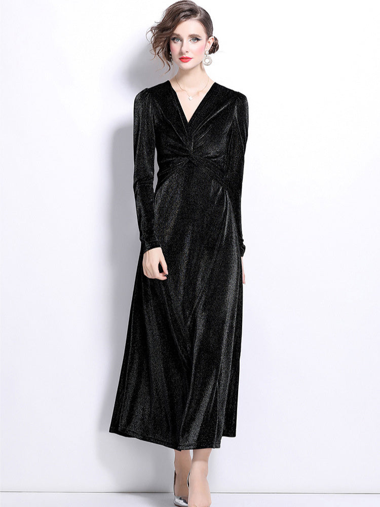 Niche velvet temperament waist long-sleeved dress