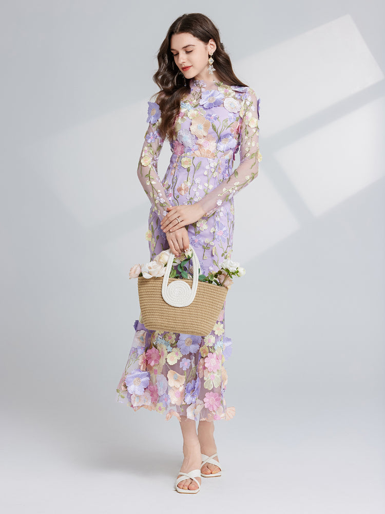 French three-dimensional embroidery long sleeved dress