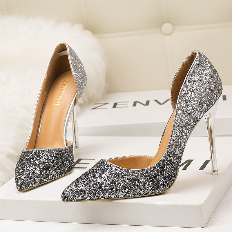 Sexy pointed side hollow sequin heels