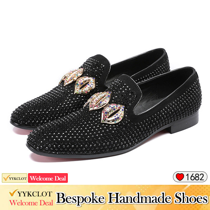 black Sticking diamond round head flat bottom men's dress shoes loafers