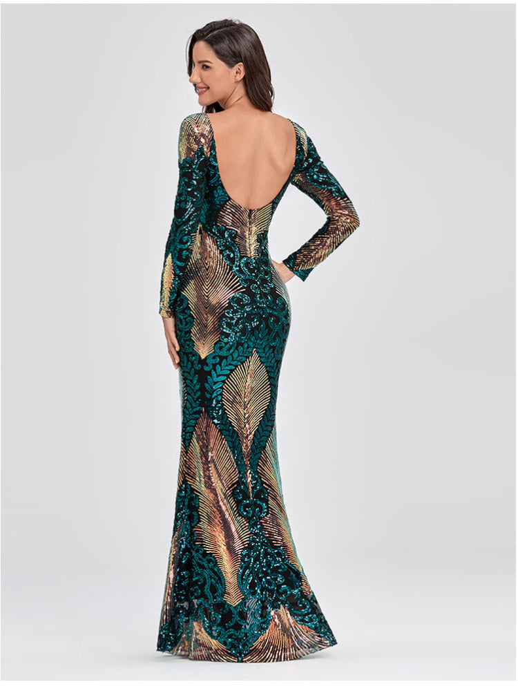 High-waisted backless sequined long-sleeved fishtail dress