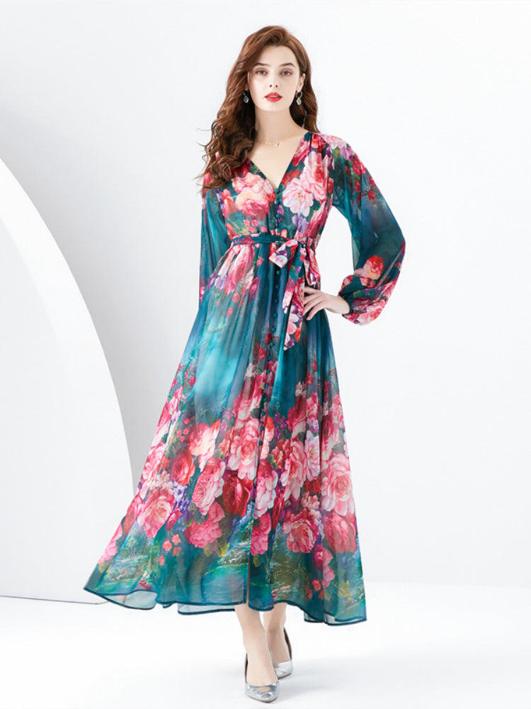 V-neck lantern sleeve wavy edge painted dress