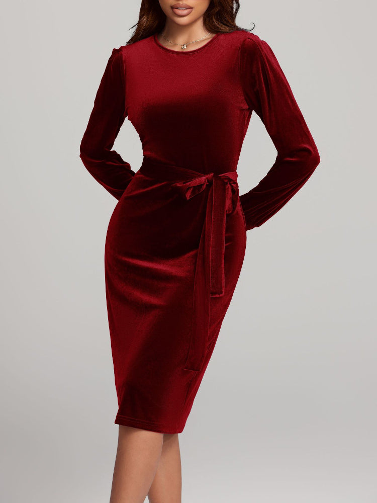 Long sleeved waistband temperament velvet dress