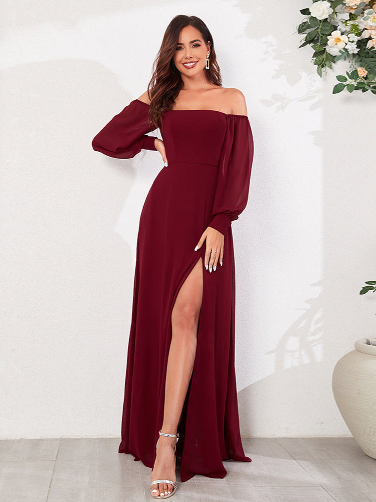 Elegant Curve Shoulder Chiffon Dress