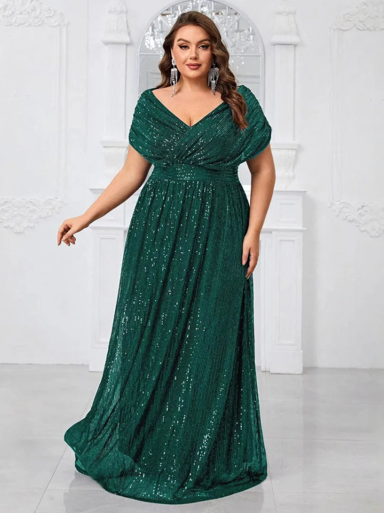 Large size minimalist sequined V-neck shawl dress