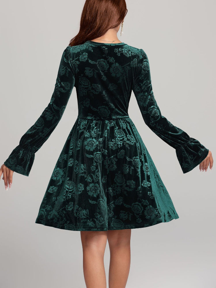 Green Velvet Print Long Sleeve Dress