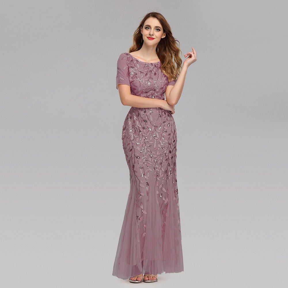 Lace sequin embroidered V-neck dress