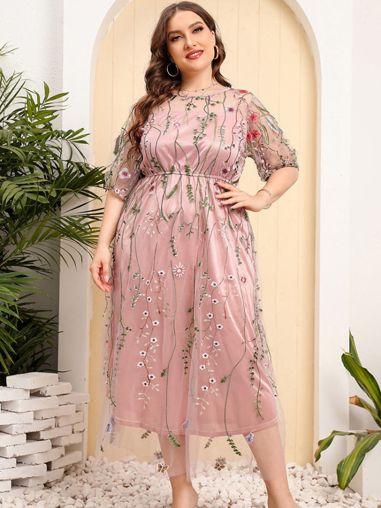 French plus size mesh embroidered dress