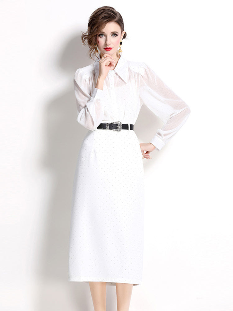 Bubble Sleeve Hot Diamond Shirt + High Waist Skirt Set