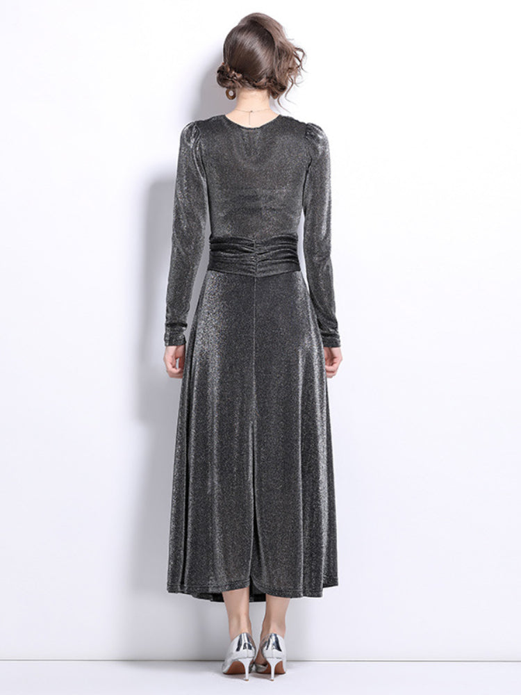 Niche velvet temperament waist long-sleeved dress