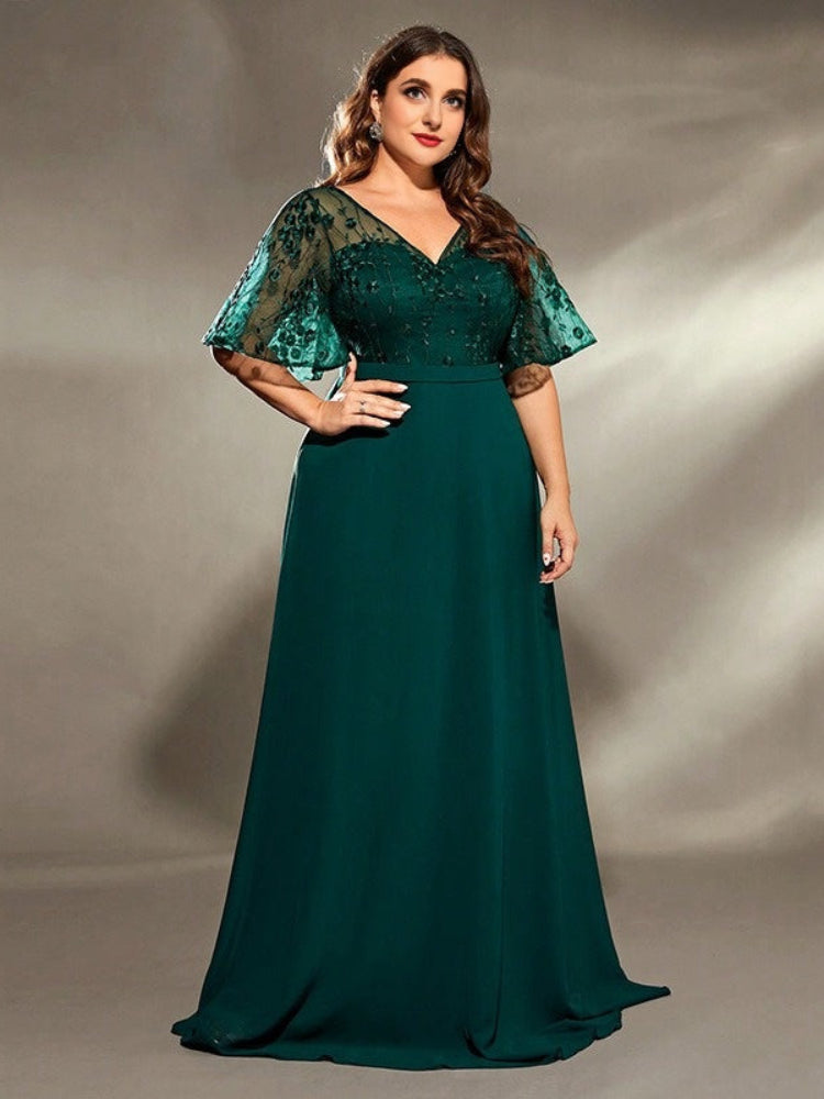 Green plus lace embroidered V-neck dress