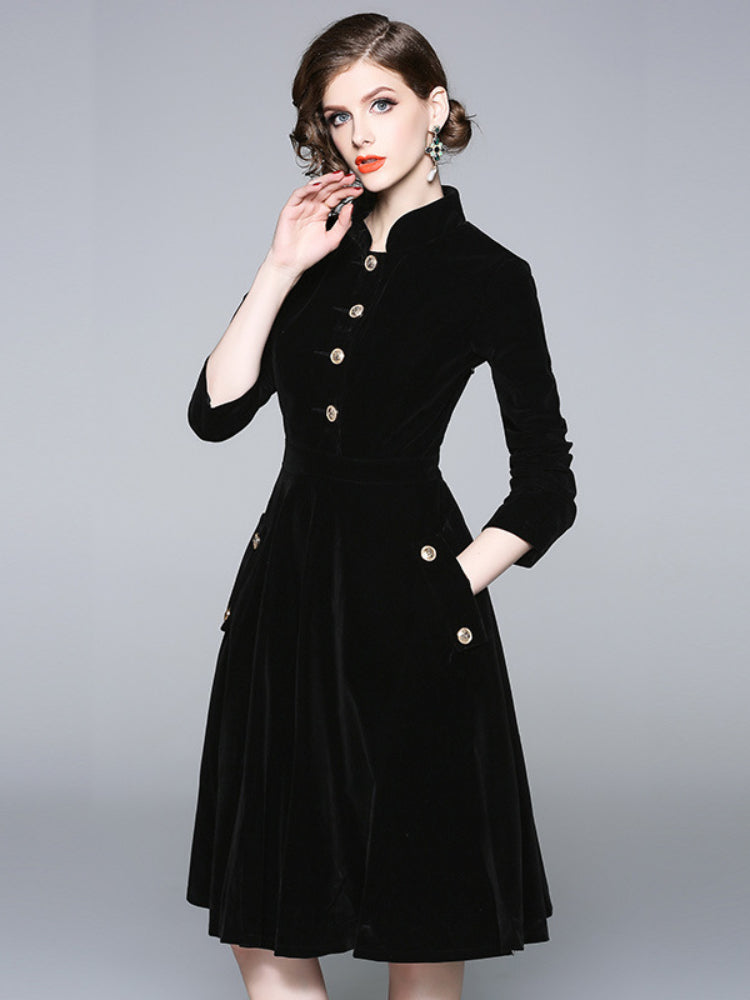 Black Hepburn stand-up neck gold velvet dress