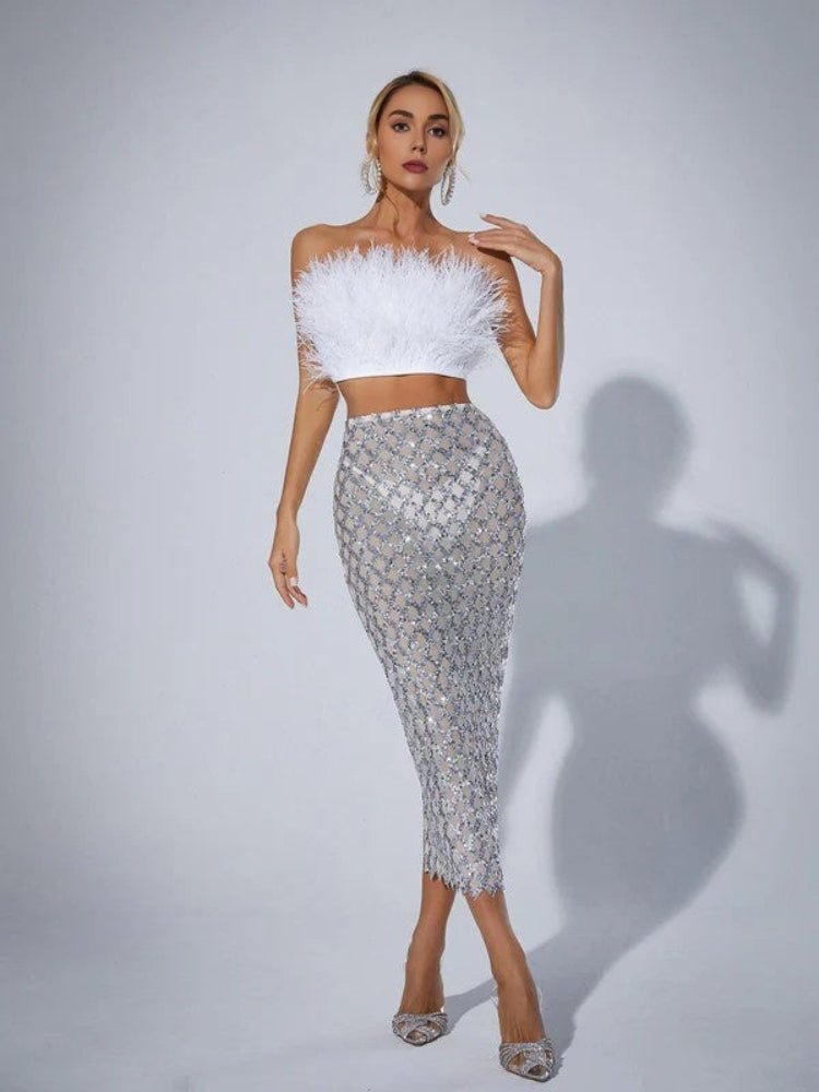 Feather strapless pearl sexy perspective dress