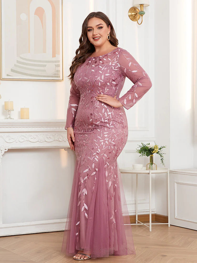 Large Size Crew Neck Embroidered Long Sleeve Fishtail Evening Dress