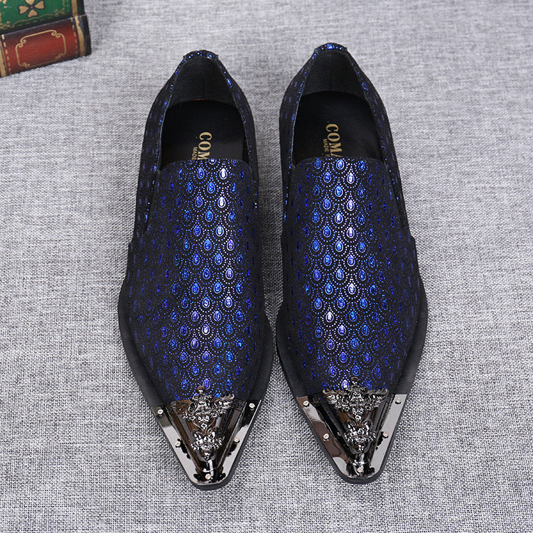 Blue pointed dress shoes Men's party wedding leather shoes