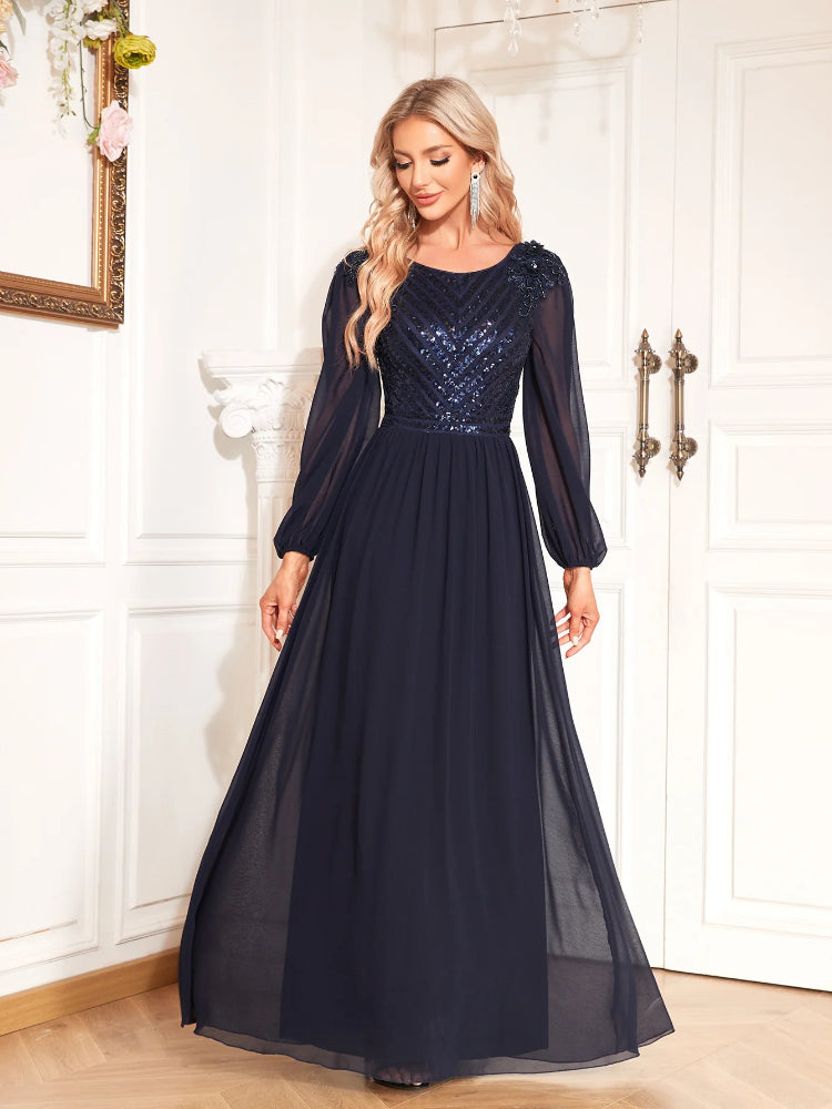 Fashion sequin temperament long-sleeved evening dress