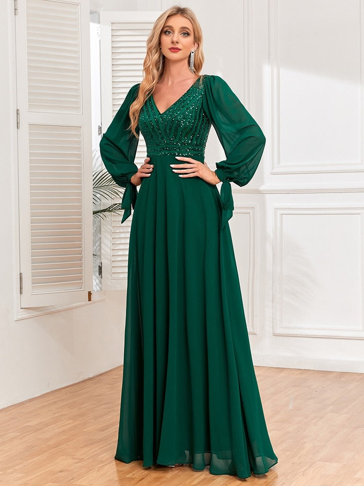 Green V-neck bead spliced chiffon dress