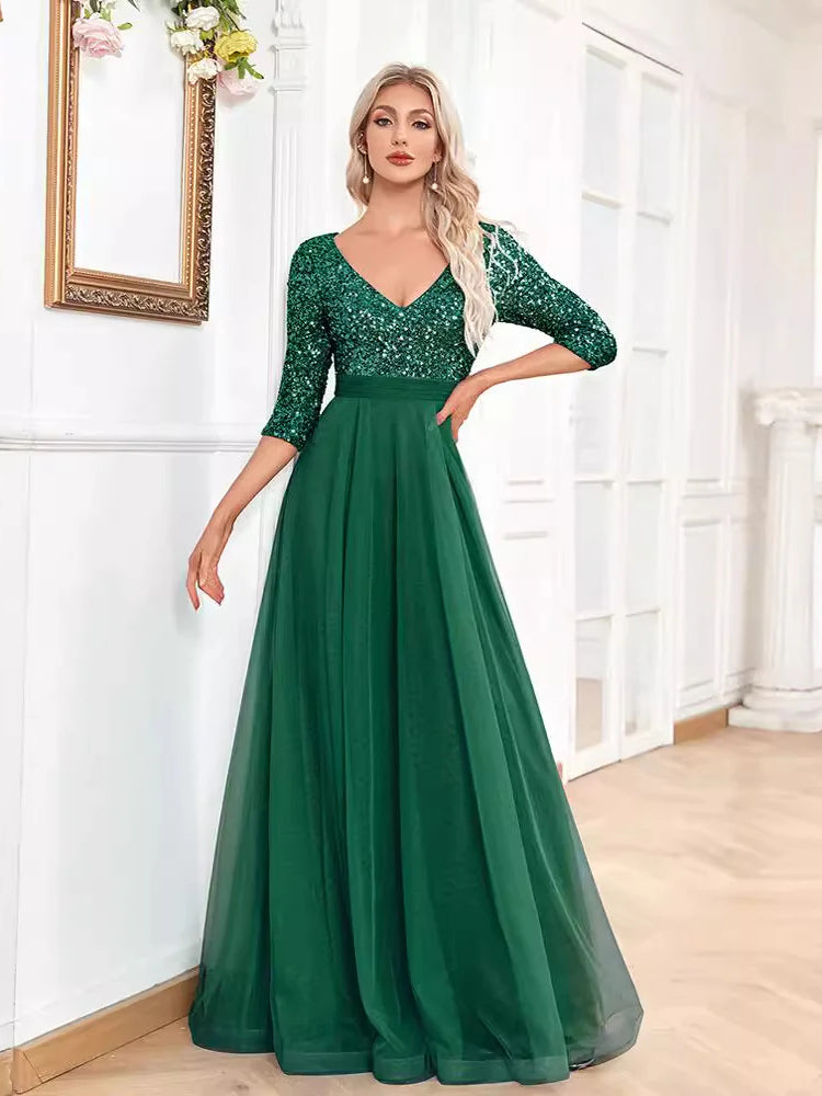 Fashion V-neck sequin dance evening gown