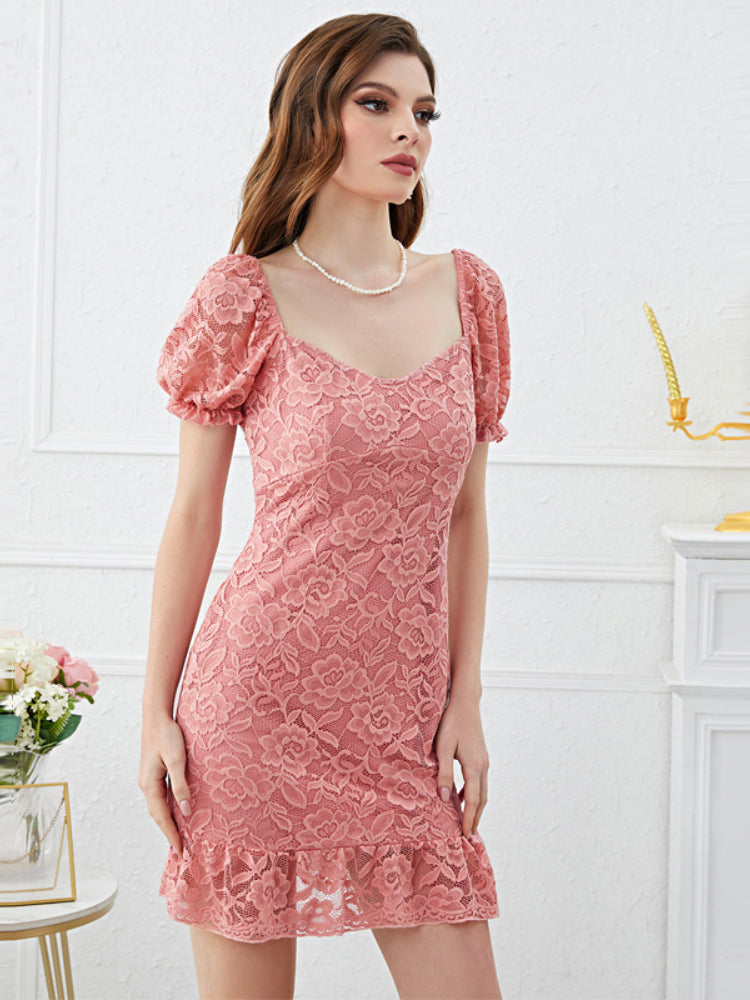 Pink lace embroidered square neck dress in stock