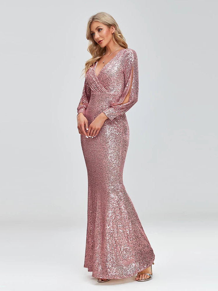 Long Sleeve V-Neck Sequin Fishtail Dress