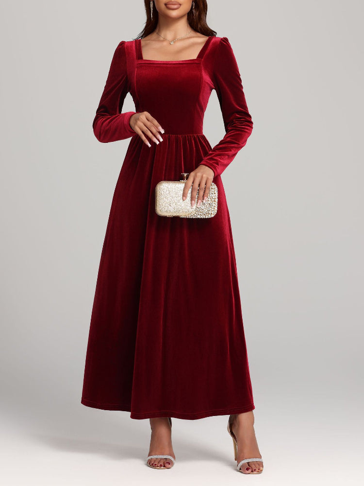 Red evening dress long dress golden velvet dress