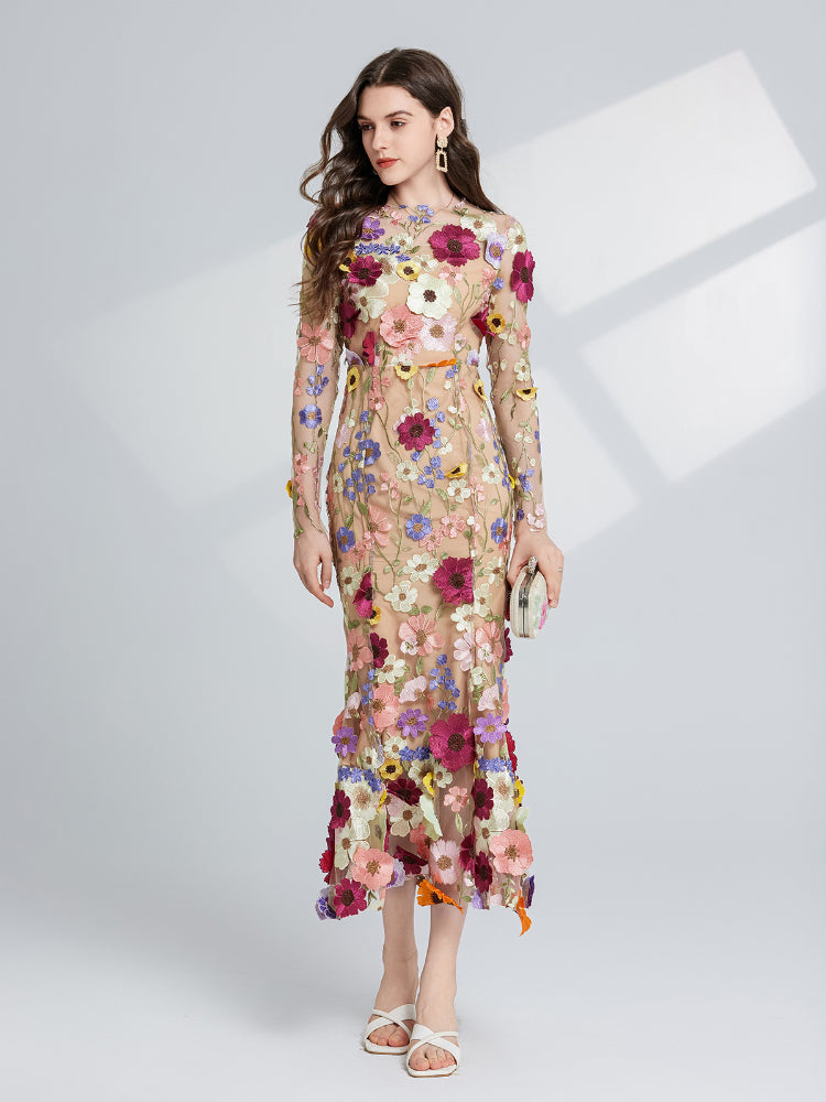 French three-dimensional embroidery long sleeved dress