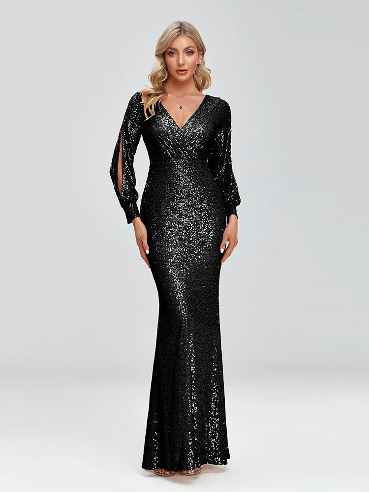 Long Sleeve V-Neck Sequin Fishtail Dress