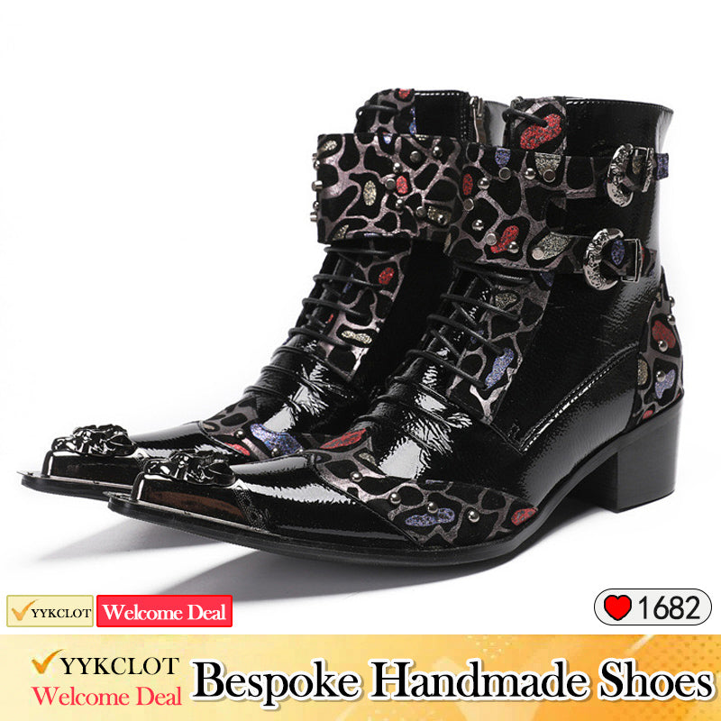 Black punk spliced high-heeled boots for men motorcycle high-heeled boots