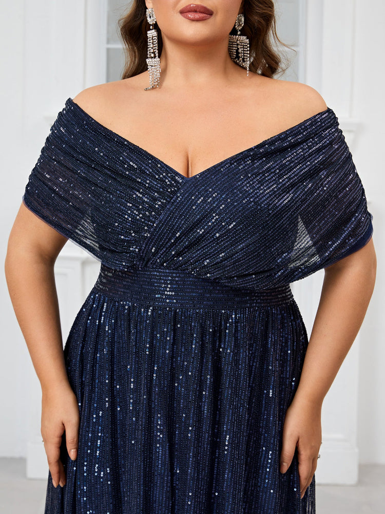 Large size minimalist sequined V-neck shawl dress