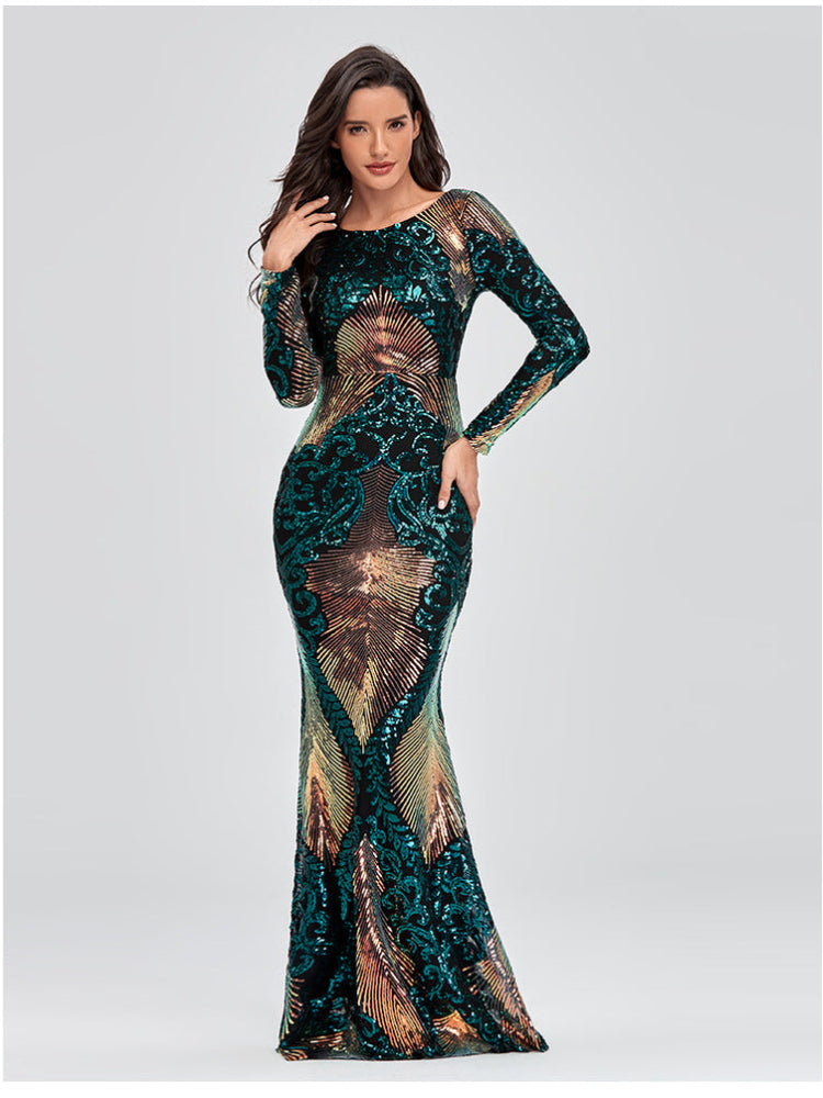 High-waisted backless sequined long-sleeved fishtail dress