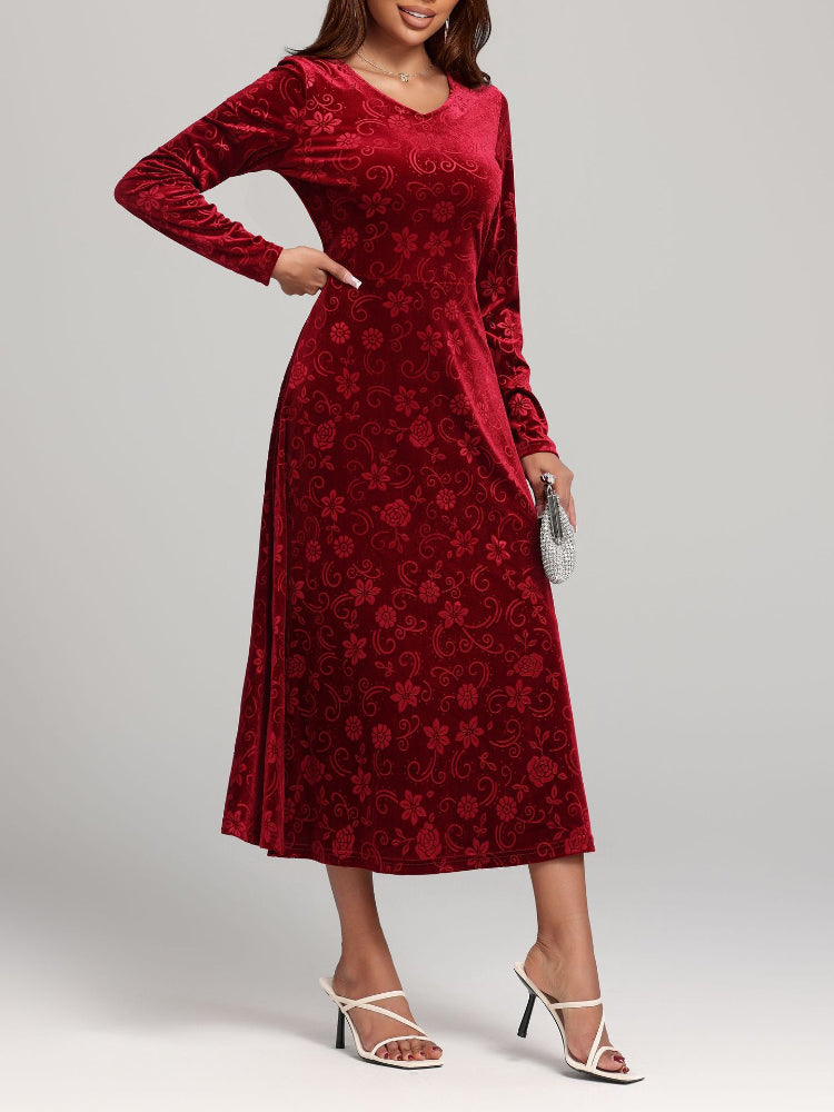 Long Sleeve V-Neck Printed Velvet Dress