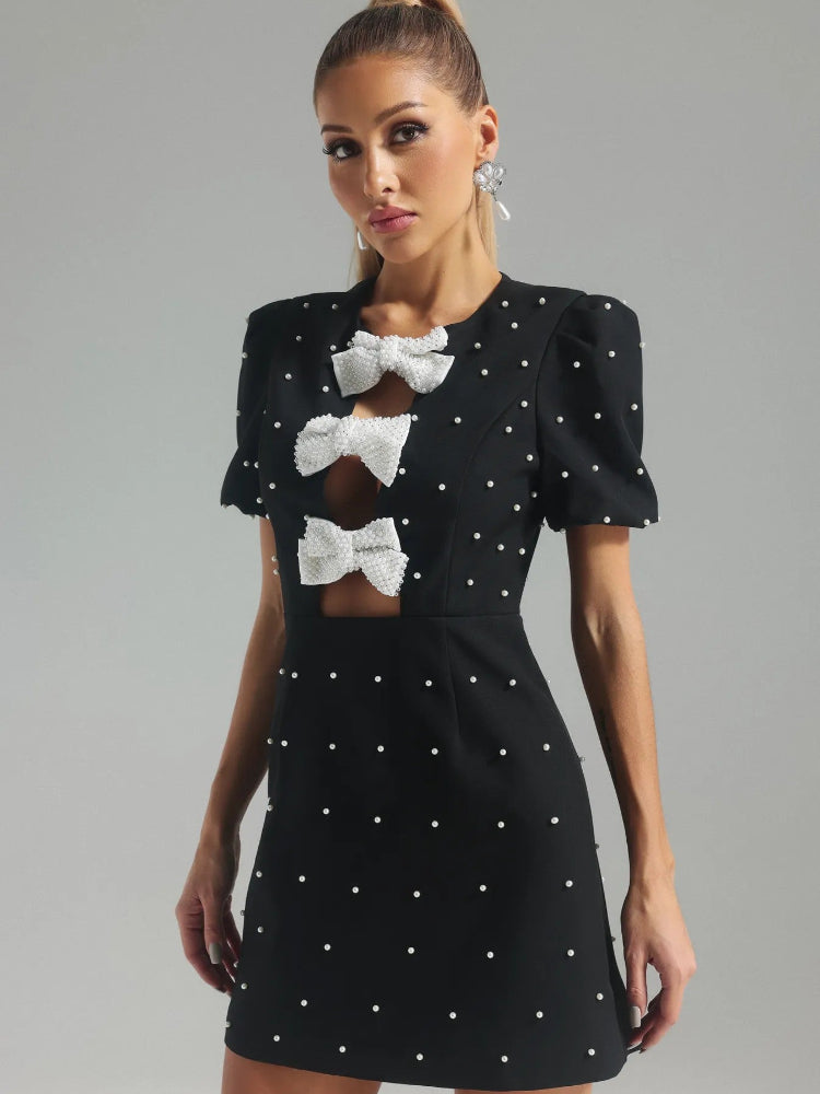 Black pearl bow hollow dress