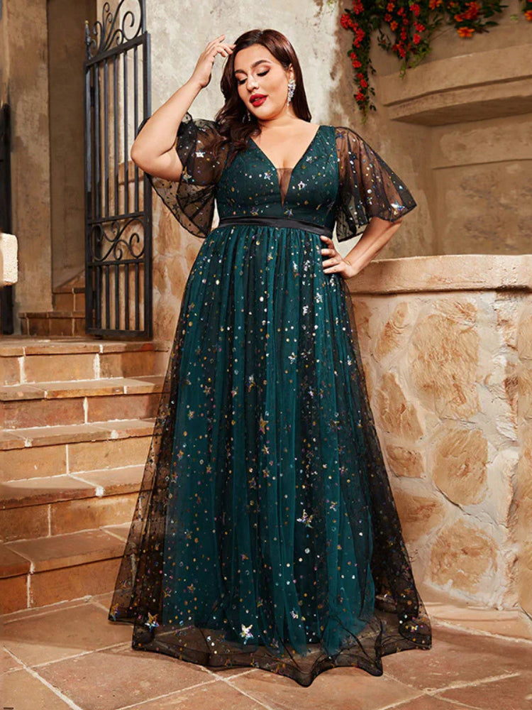 Large Size Sequin Embroidered V-Neck Bubble Sleeve Dress