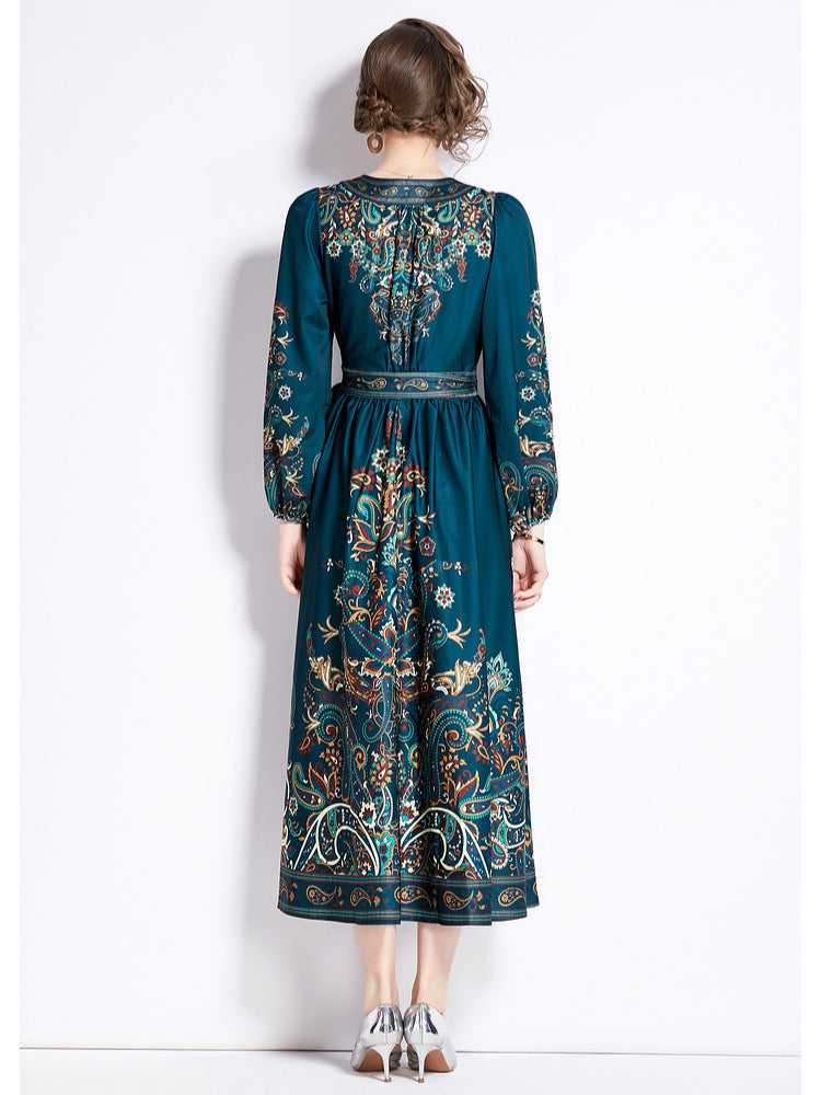 Democratic V-neck long-sleeved printed dress