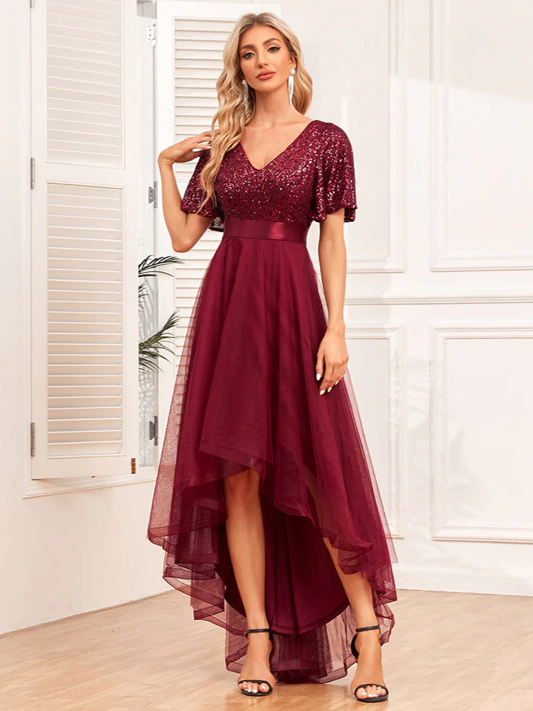 Fashion stitching V-neck irregular evening dress